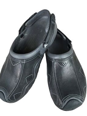 Crocs Black Leather Mule Clogs Size 11 Comfort Slip On Shoes